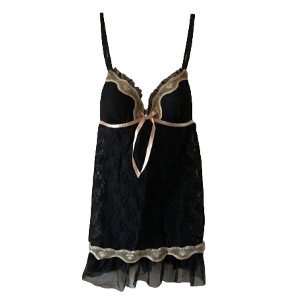 LINEA DONATELLA BLACK WITH CHAMPAGNE LACE LINGERIE NIGHTIE size M #4162-3